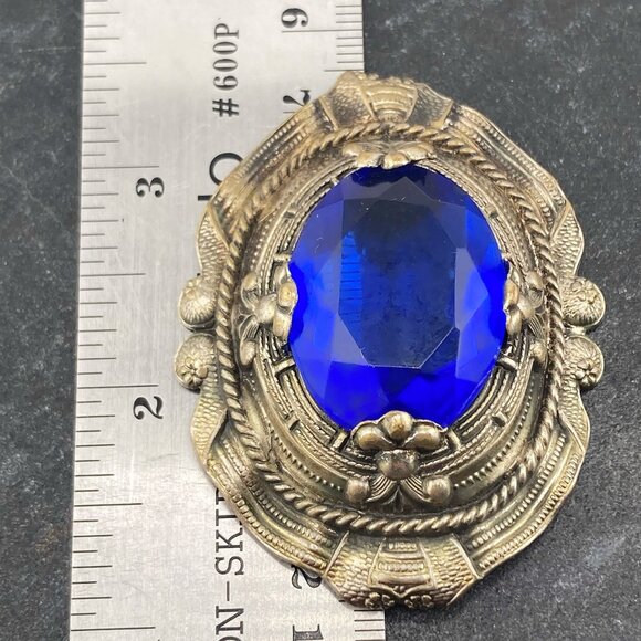 ANTIQUE Cobalt blue glass and aged silver tone metal brooch ~ Big Edwardian pin - Picture 2 of 10
